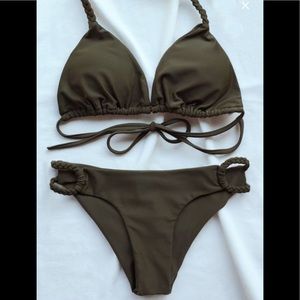 Braided Low Cut Halter Bikini - Army Green M
